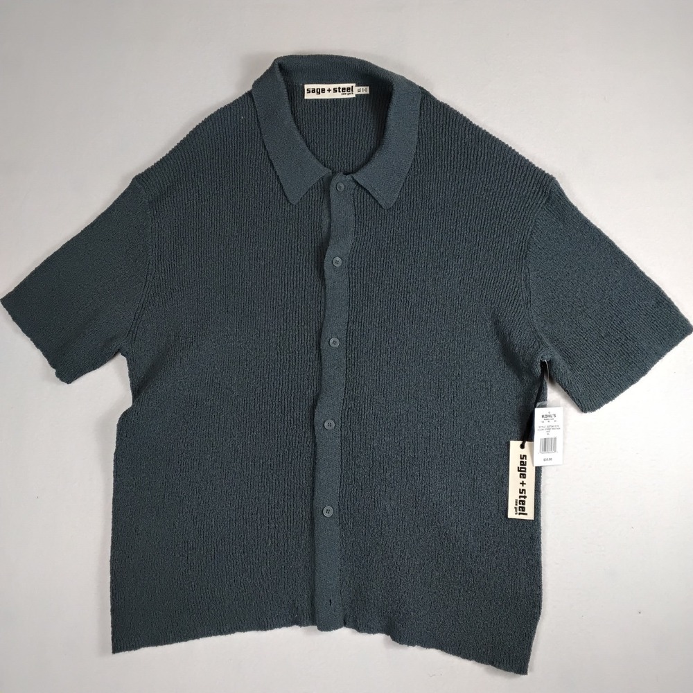 Sage + Steel Mens XL Gray Knit Polo Shirt Button Down Textured Short Sleeve NWT